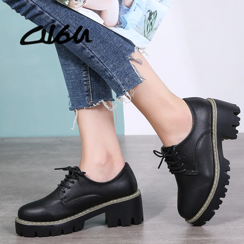 O16U-осенняя женская обувь из натуральной кожи оксфорды на шнуровке с круглым