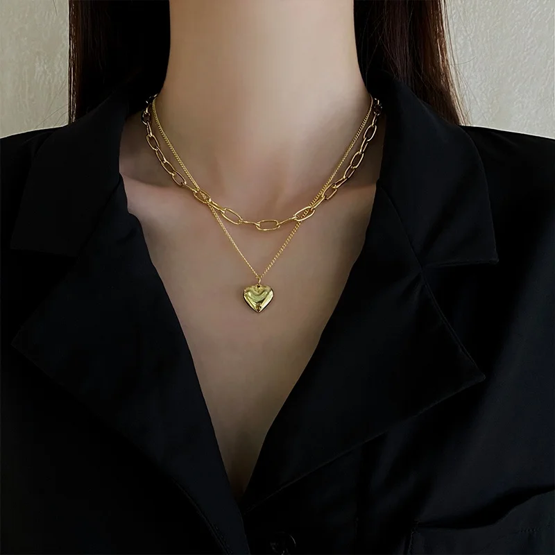 

12pcs/lot Gold Stacked Double Layer Chain Love Necklace Female Summer Light Luxury Niche Design Sense Cold Wind Clavicle Chain