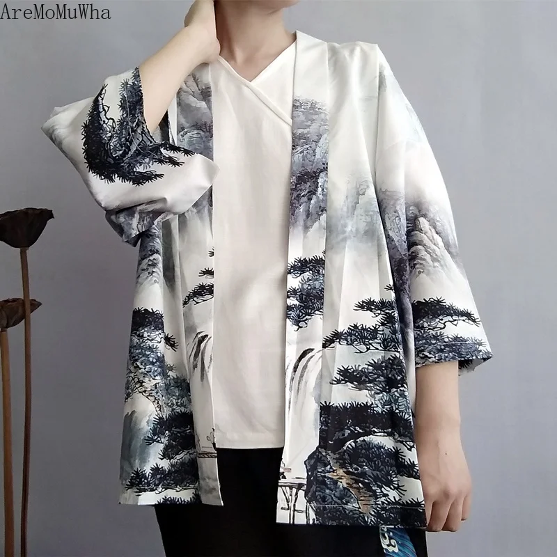 

AreMoMuWha 2019 Summer Chinese Style Landscape Scorpion Loose Seven-point Sleeve Sun Protection Clothing Cardigan Short Coat 760