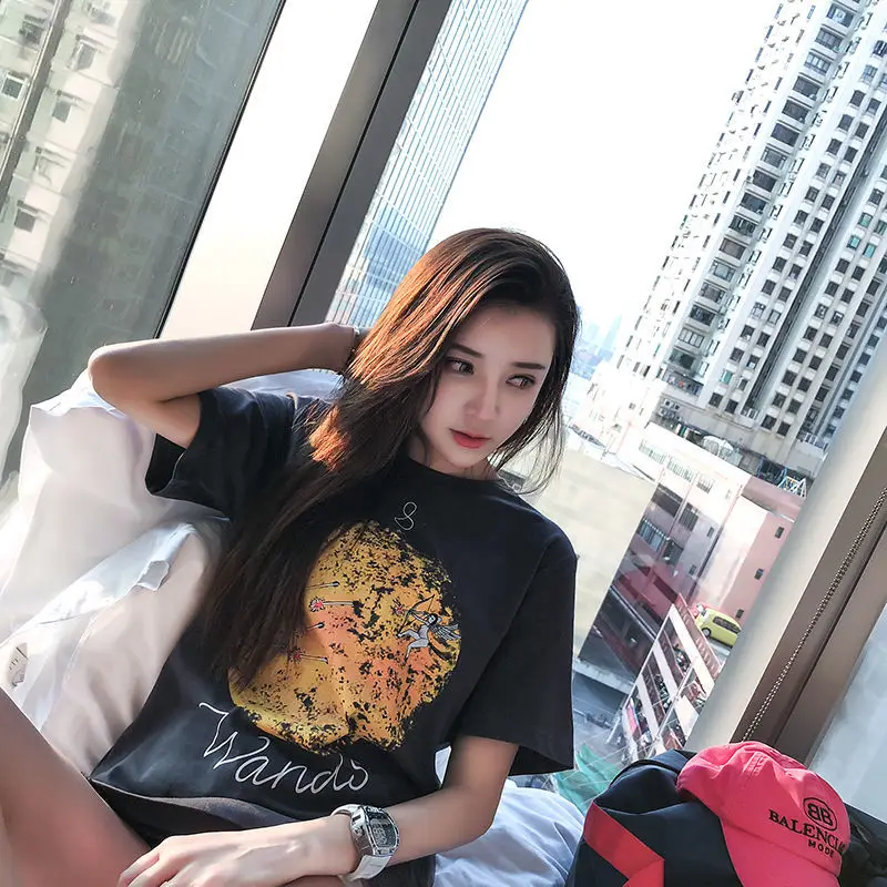 

Summer new Korean Short Sleeve white top student tide brand loose medium length T-shirt and T-shirt women's wear