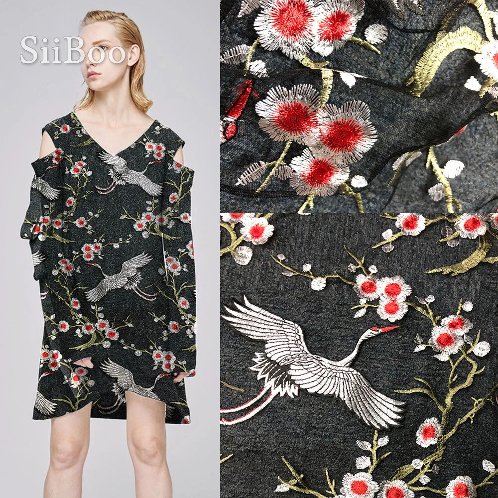 Элегантная сетчатая кружевная ткань с цветочной вышивкой журавля для свадебного