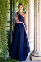 navy blue pink prom dresses sexy one shoulder long sleeve formal reception party dress for lady women floor length vestidos