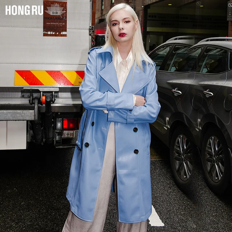 Женское длинное пальто из искусственной кожи тонкая ветровка в ретро стиле