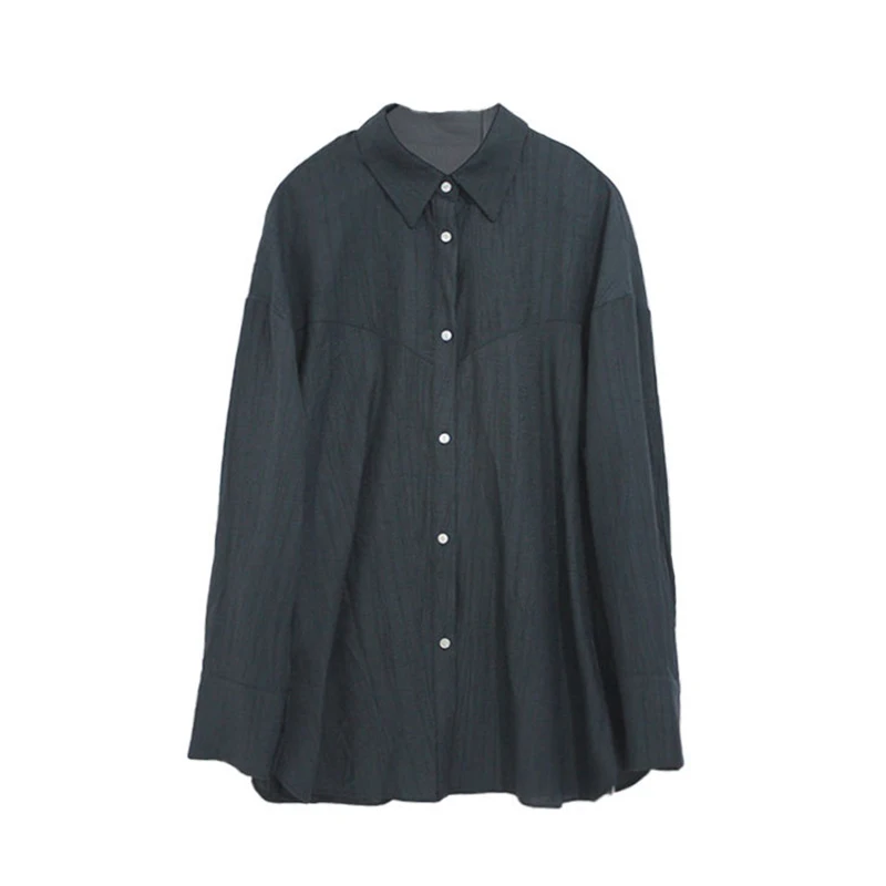 

GALCAUR Blue Casual Shirts For Women Lapel Long Sleeve Patchwork Lace Up Oversized Elegant Blouses Female 2021 Spring Clothing