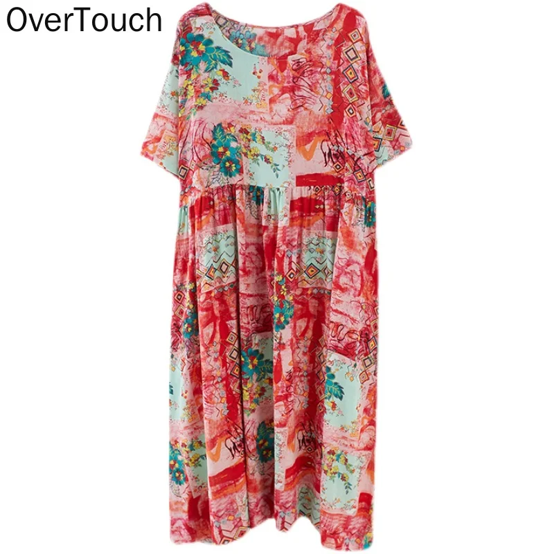 

2021 Plus Size Summer Dress Women Vestidos Elegant Sundress Beach Flowers Print Long Dress Linen Loose Oversize 4XL 5XL