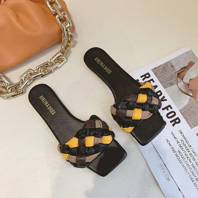 

Shoes Square Toe Woman's Slippers Multicolored Sandals Low Slides Shale Female Beach Fashion 2021 Sabot Flat Luxury Summer Hoof