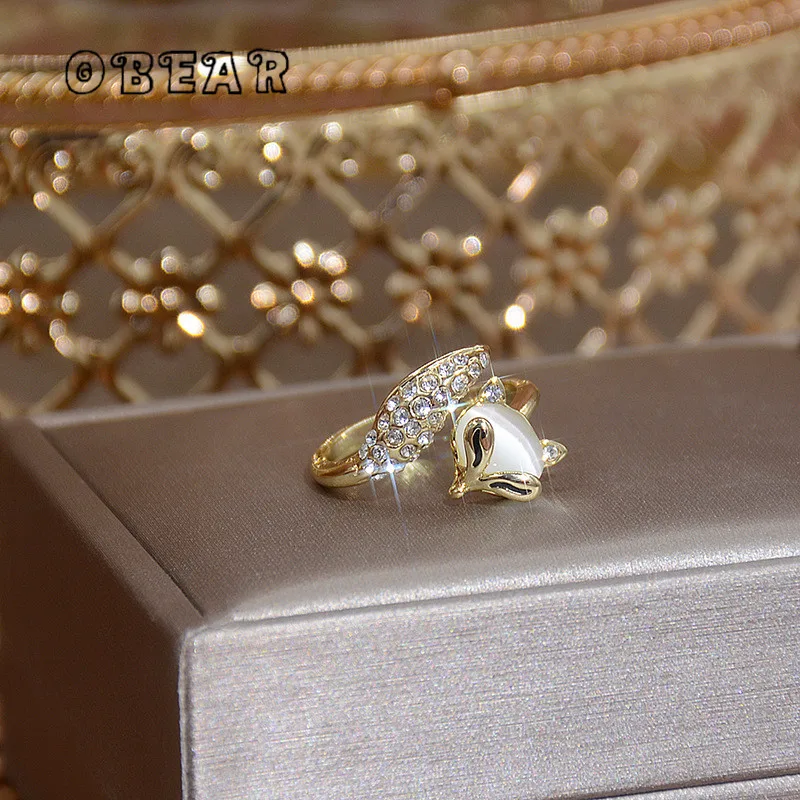 

OBEAR Pavé Zircon Petite Animal Fox Opening Adjustable Ring Women 14K Real Gold Plating Cute Student Gift Jewelry