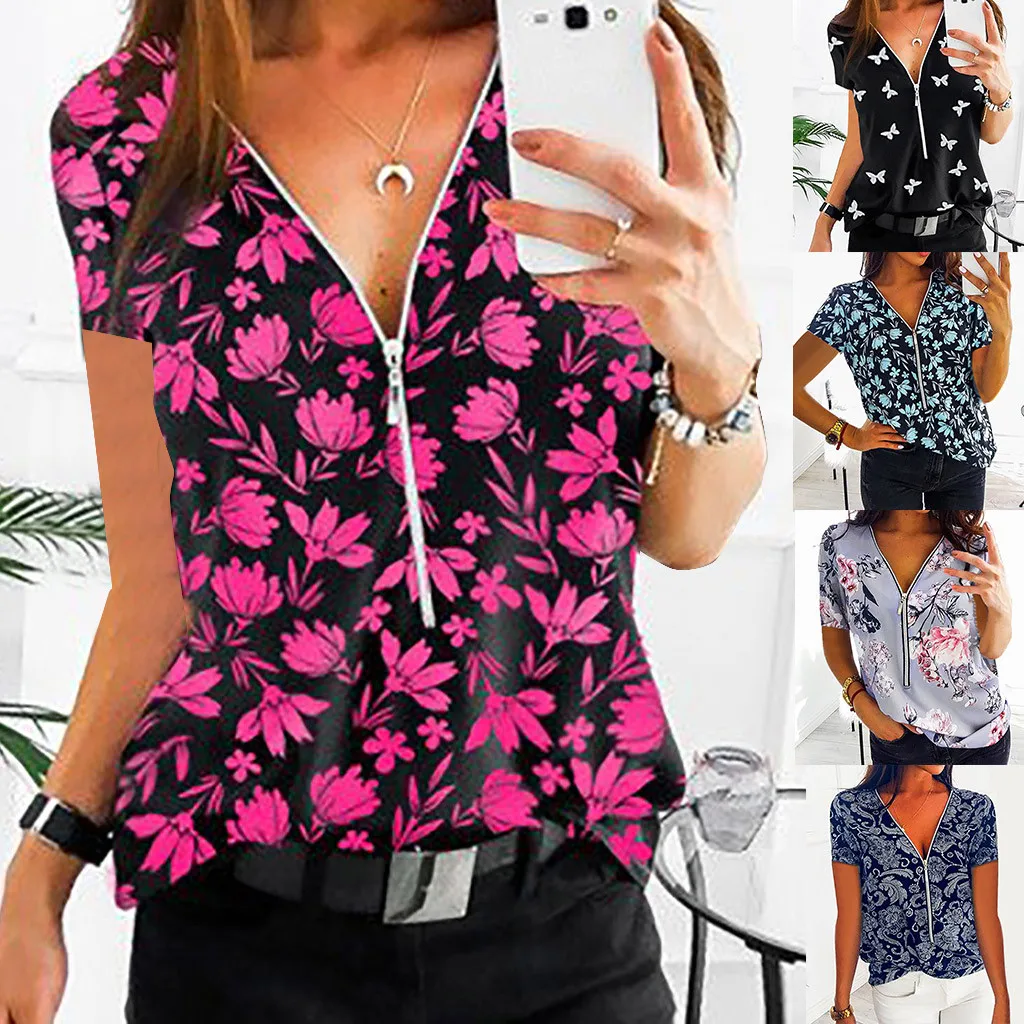 

White Butterfly Print T Shirts Women Zipper Ladies Plus Size Short Sleeve V-neck Pullover Shirt Spring Elegant Tee Top for Women
