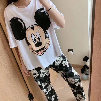 Летняя одежда для сна Disney Хлопковая пижама женская домашняя с мультяшным Микки
