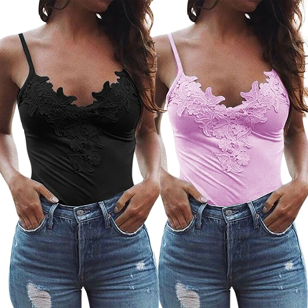 Женский сексуальный однотонный кружевной топ без рукавов с v-образным вырезом