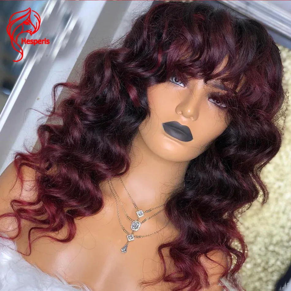 

Парик из человеческих волос с эффектом омбре Hesperis с глубокой волной бордового цвета, с челкой 1b/ 99J, бразильские волосы без повреждений с вер...