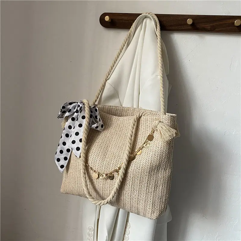 

Large Tote Bag Summer New High-quality Straw Women's Designer Handbag High Capacity Ribbon Shoulder Bags Straw Shopping Bag