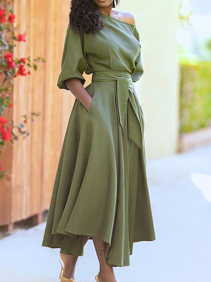 

Dress 2021 Summer Style Europe And America Slant Shoulder Collar Bandage Waist Solid Color Dress Female Online Trend Hot Sale