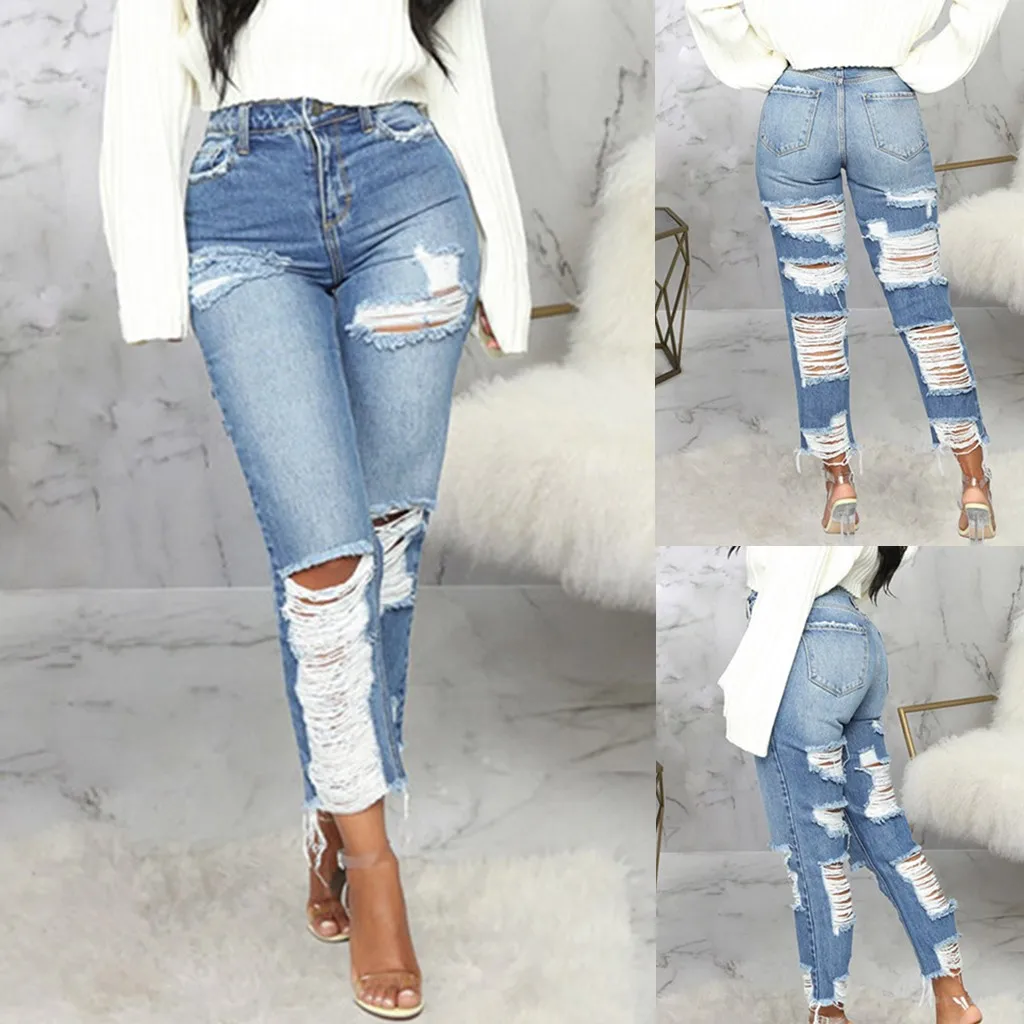 

Vogue Autumn Ladies High Waist Button Zipper Denim Hole Pocket Solid Color Bell Pants Chic Fashion High Quality Light Blue