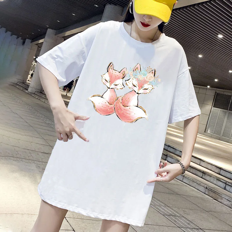 

Fox Print Dress Mini Women Loose Summer T-Shirt Dresses Korean Short Sleeve Casual Streetwear Pullover Dress 2021