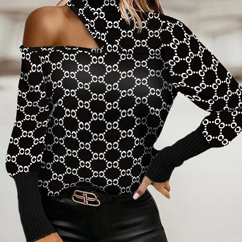 

Hollow Off Shoulder Women Sexy Blouses Spring Plaid Print Long Sleeve Shirts Lady Autumn Fashion Casual O-Neck Pullover Harajuku