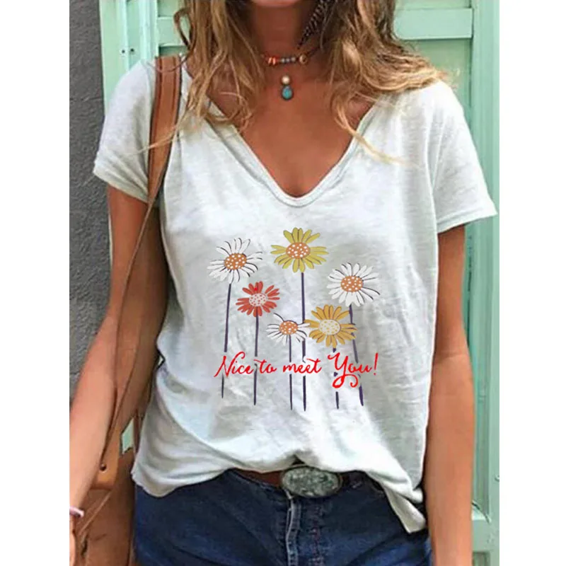 

Summer V-neck Floral Print Tops Short Sleeve Loose T-shirt Ladies Summer Casual Tops