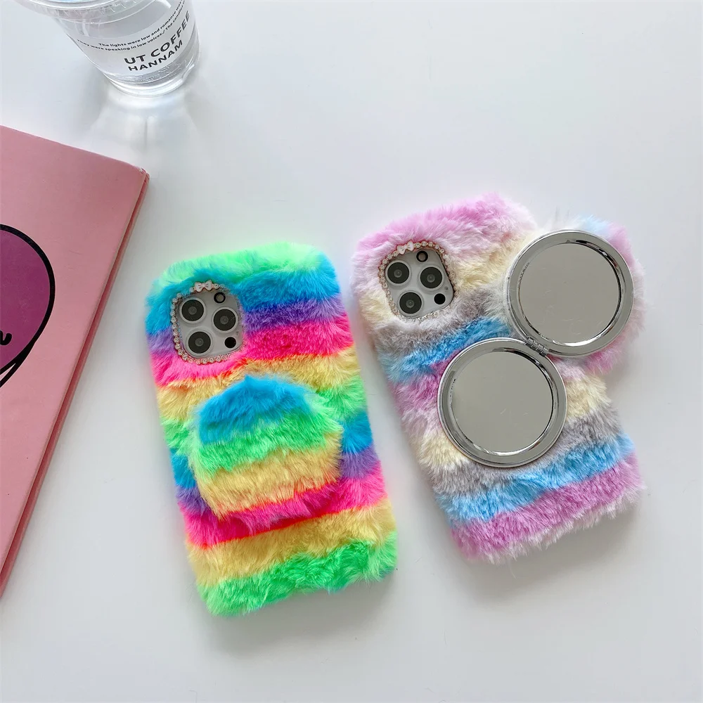 

Plush makeup mirror mobile phone case For iPhone13Pro 12Pro 11Pro 11Pro Max XR XS Max 8 7 Plus Cute cartoon iPhone 13 case