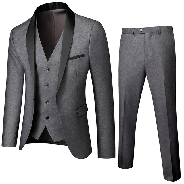 

2021 Formal Business Navy Blue 3pcs Suits Shawl Collar One Button Slim Fit Elegant Jackets Pants Men Wedding Terno Masculino
