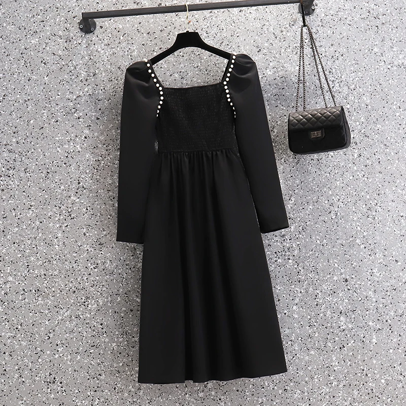 

4XL plus size women vintage Beading black dress autumn winter 2021 long sleeve square collar elegant casual long dresses