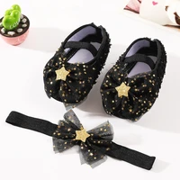 newborn baby girls shoes headband set net yarn bowknot star princess shoe toddler soft sole walking cotton first walkers