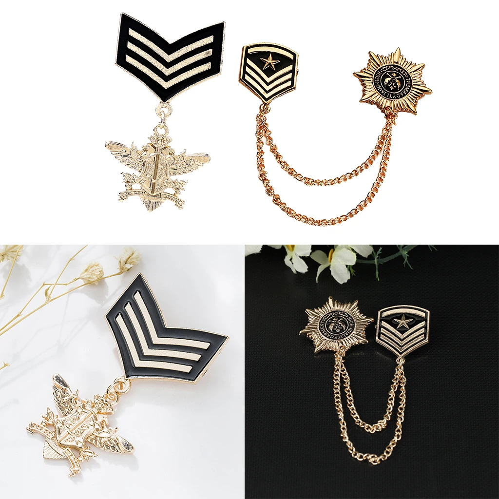 2 Pieces Vintage Star Uniform Pin Brooch Badge Award Navy Style Medal Chain Gift images - 6