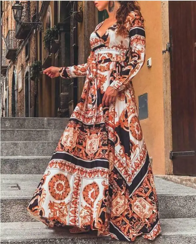 Женская одежда 2019 макси платья для женщин v-образным вырезом с длинным рукавом