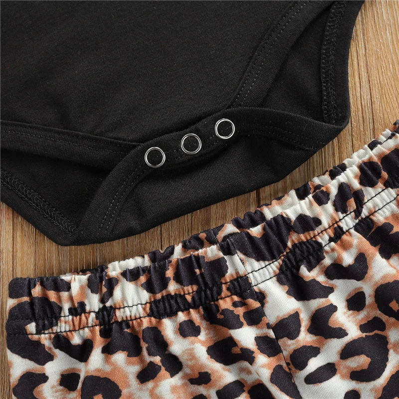 

2Pcs 0-24 Months Baby Girls Summer Clothes Sets,Newborn Girls Solid Color Mandarin Sleeves Romper + Leopard Print Flare Trousers