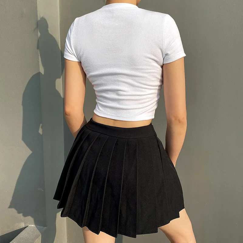 

Sexy gothic high waist women pleated mini skirt with short ribbons A-line Skirts streetwear solid female party outfits