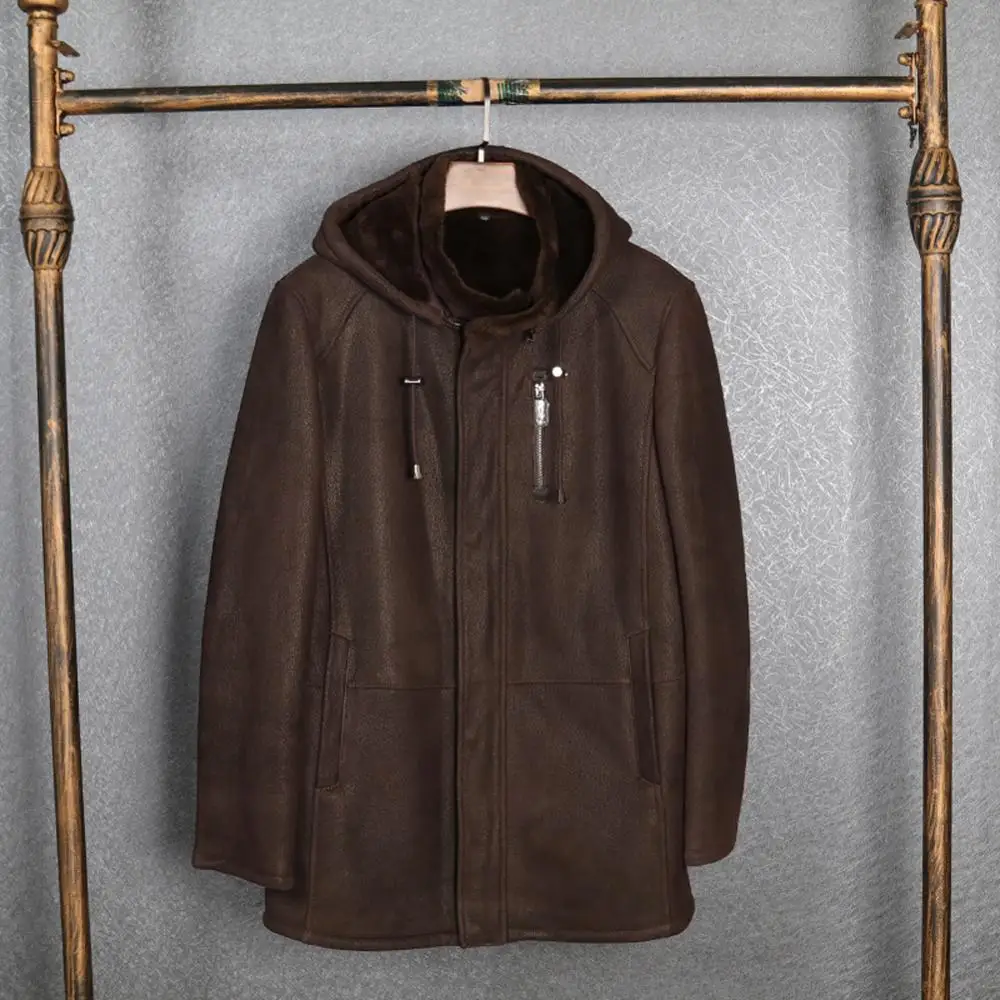Мужская овчина с капюшоном коричневая длинная шуба из овчины оригинальная