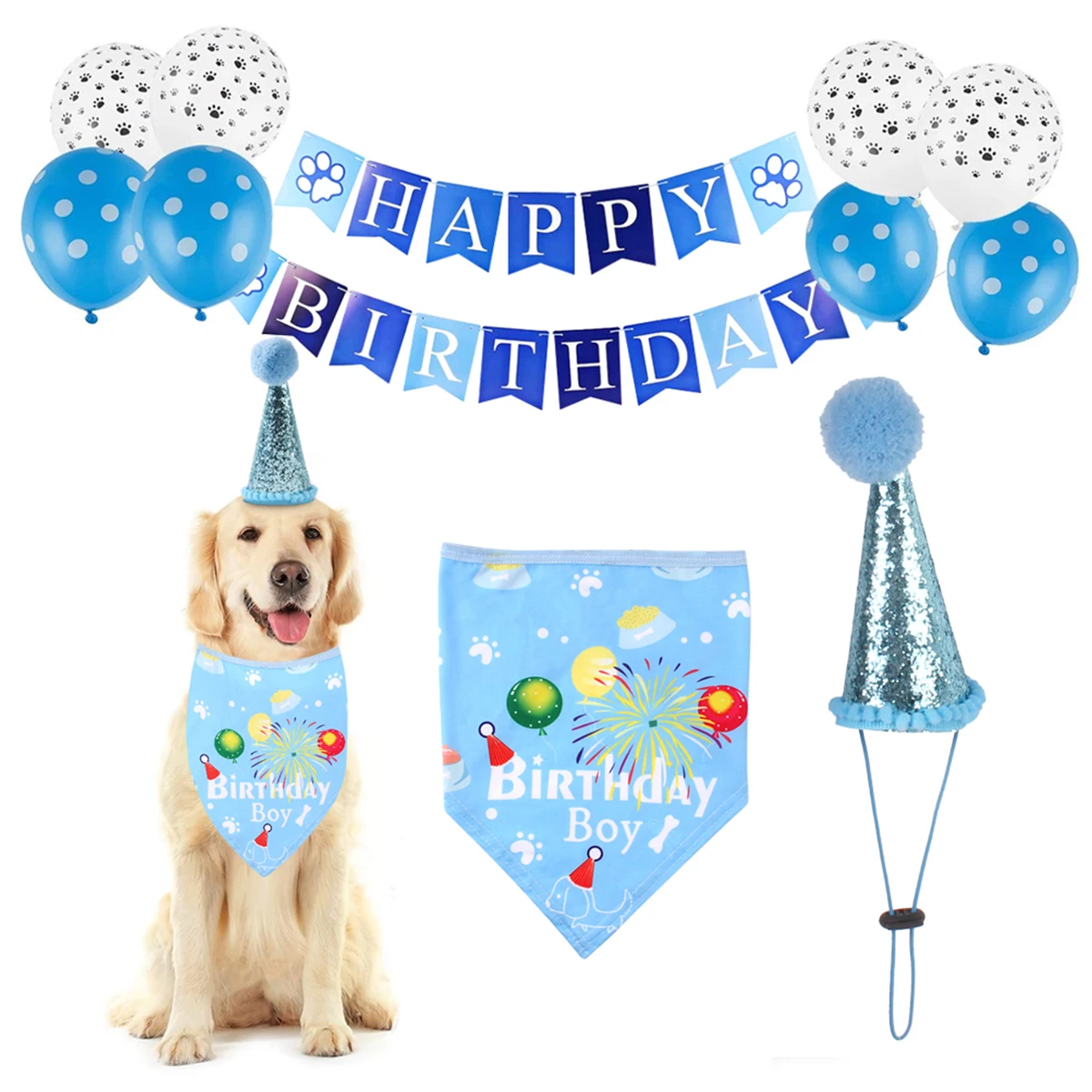 

Pet Dog Birthday Party Supplies Bandana Hat Happy Birthday Banner Balloons Set