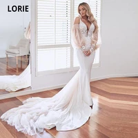 lorie 2020 popular puffy long sleeve v neck mermaid wedding dresses lace appliques open back bridal gowns court train plus size