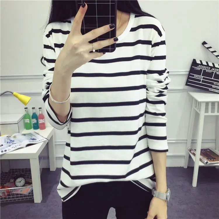 Женская футболка в полоску белая Повседневная Классическая с длинным рукавом и