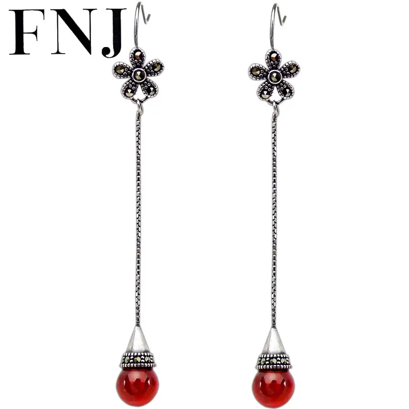

FNJ 925 серебряные серьги с цветком и кисточкой с красным камнем, оригинальные серьги-капли из стерлингового серебра S925 пробы для женщин, ювелирные изделия