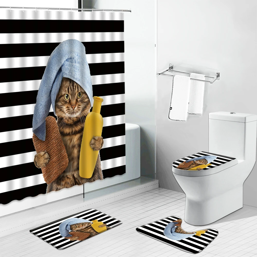 

Funny Animal Pet Dog Shower Curtain Non-Slip Rug Toilet Lid Cover Bath Mat Carpet Creativity Cat Bathroom Curtains With Hooks