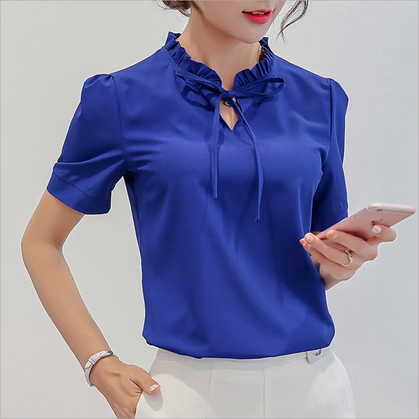 

New Women Short Sleeve Casual Chiffon Blouse Fashion Korean Tops Elegant Women Clothes Streetwear Summer 2019 Women Blue Shirt