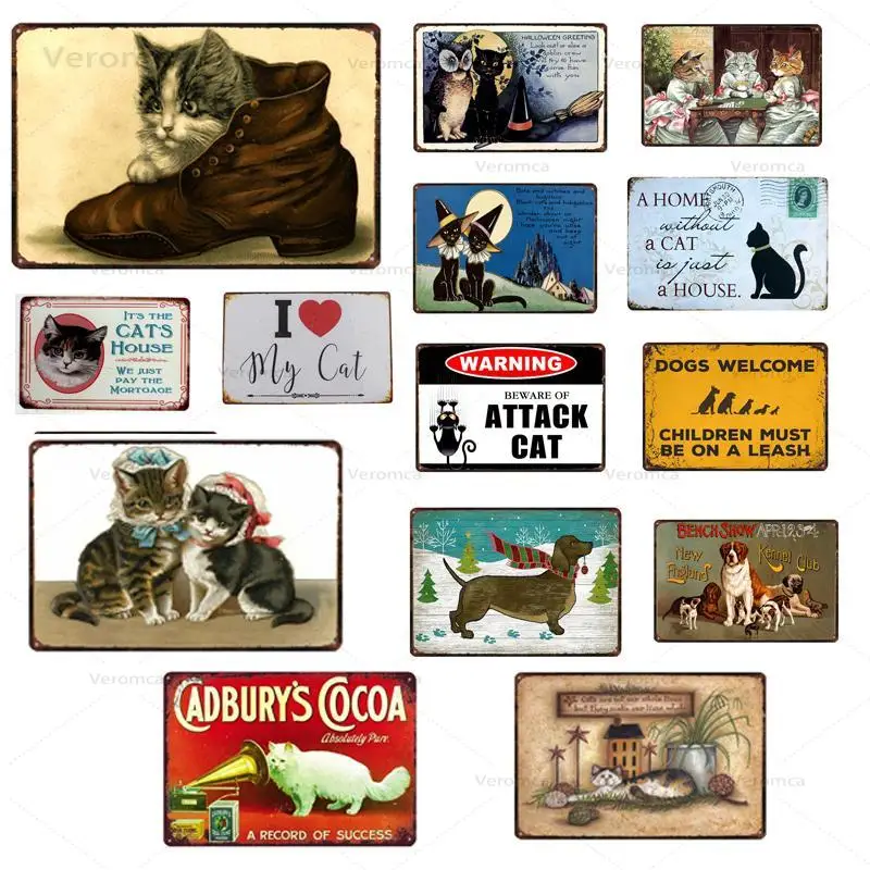 

Оловянная картина с животными, Милый Постер в виде кошки и собаки для украшения дома, железный знак, 20 х30 см
