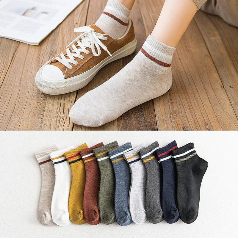 

5 пар Повседневная однотонная женская обувь; Хлопковые короткие носки для Дамская обувь в сдержанном стиле в полоску колледж дышащие удобны...