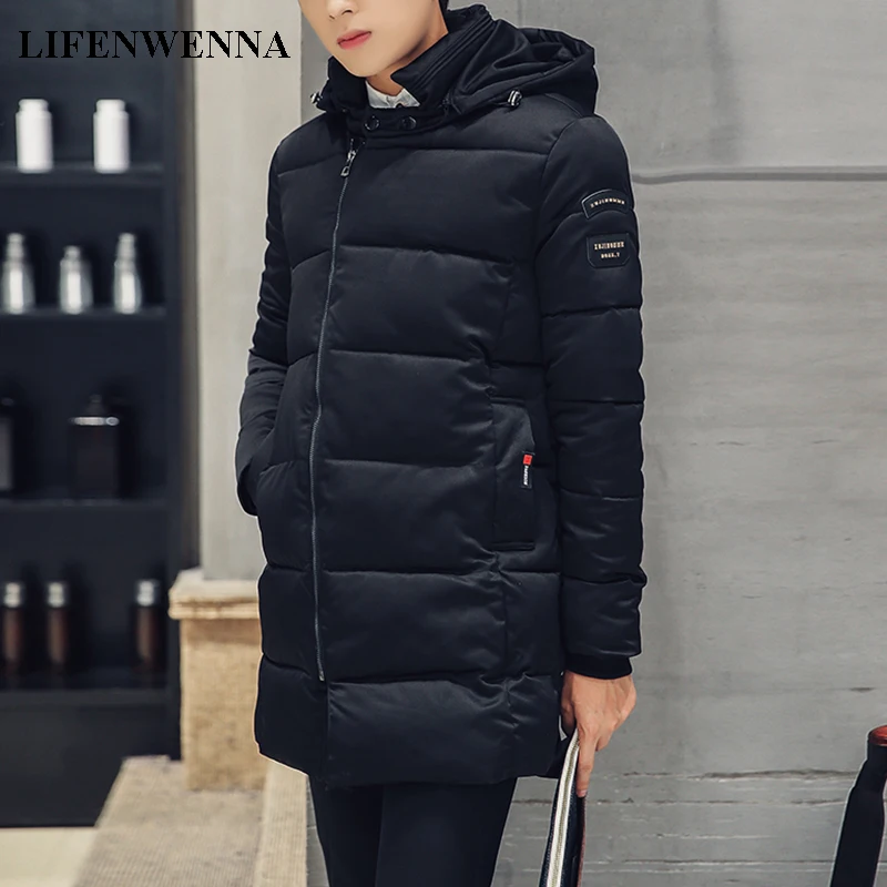 

LIFENWENNA Mid-Long Hooded Parkas Men Thick Warm Men's Winter Fashion Windproof Outerwear Solid Parka Black Jacket Coat M-5XL