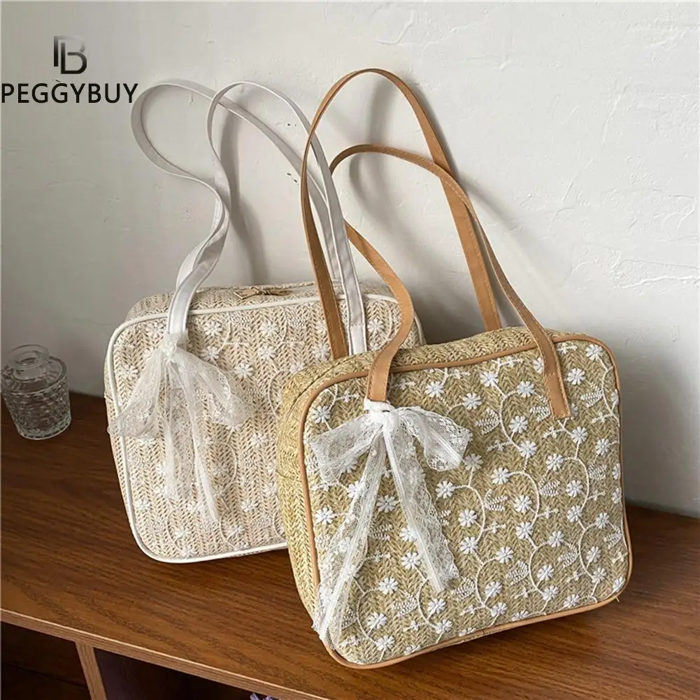 

Модная женская кружевная квадратная сумка с цветочным узором, плетеная сумка на плечо, универсальная плетеная сумочка ручной работы для по...