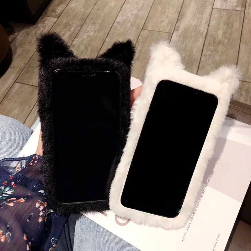 Чехол милый белый черный 3D Кот плюшевый мех чехол для телефона iphone 11 Pro Max X XR XS 6 6S 7 8