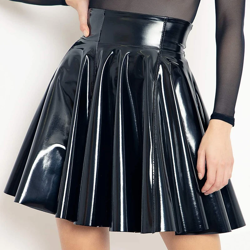 Gothic Women Wet Look Patent PU Leather Skirt Lady High Waist PVC Flared Pleated A-line Circle Mini Skater Skirt Clubwear Custom