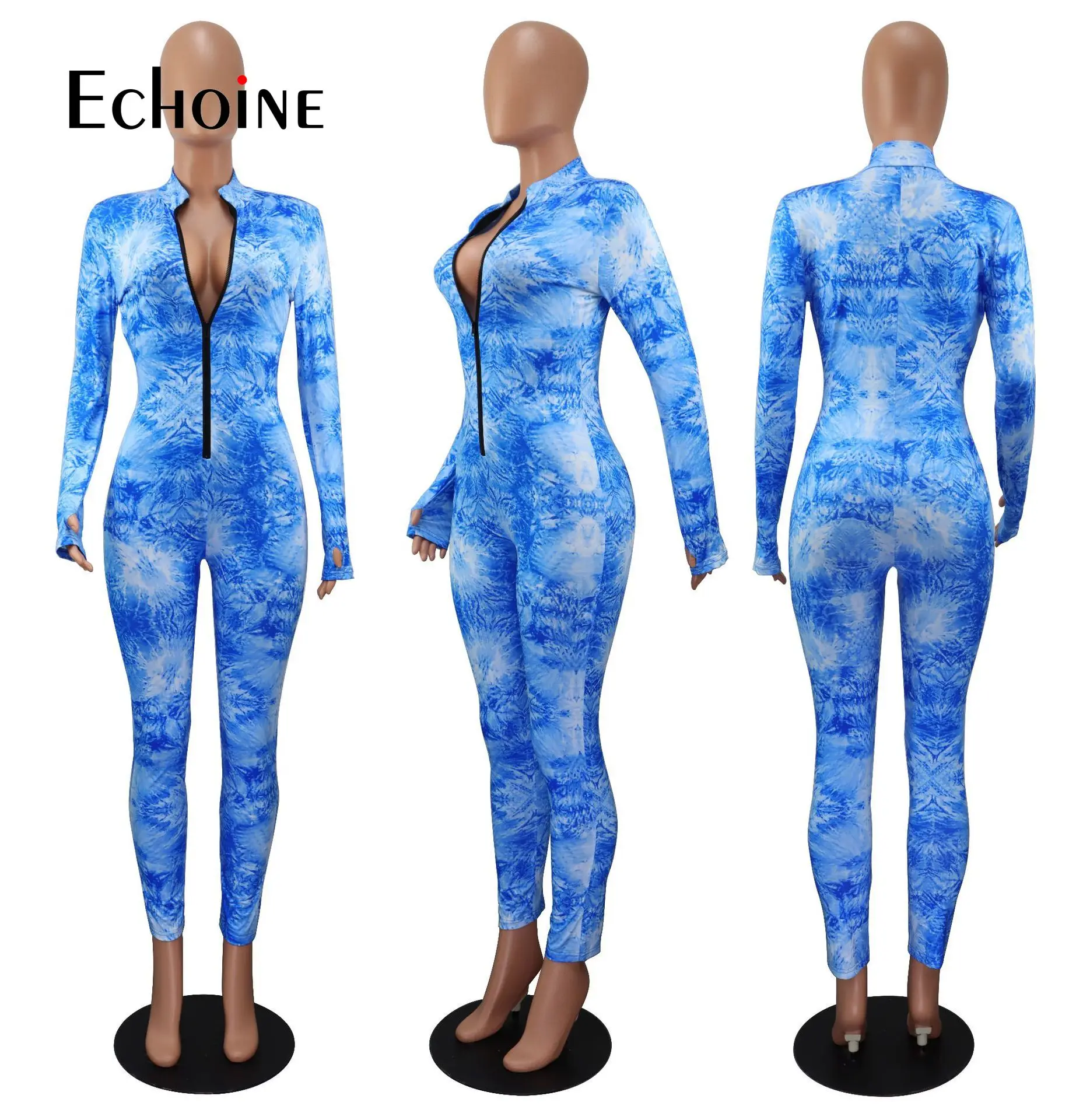 

Echoine Women New Sexy Tie-Dye Print Zipper Up Jumpsuit Long Sleeve bodysuit Biker Jumpsuits Night Party Club Overalls Rompers
