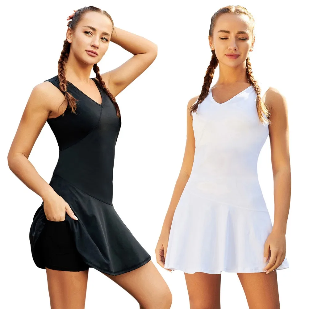 

2pcs Set Women Tennis Outfits Sleeveless V-Neck Sports Mini Dress+Mesh Shorts Ladies Badminton Dresses With Shorts Gym