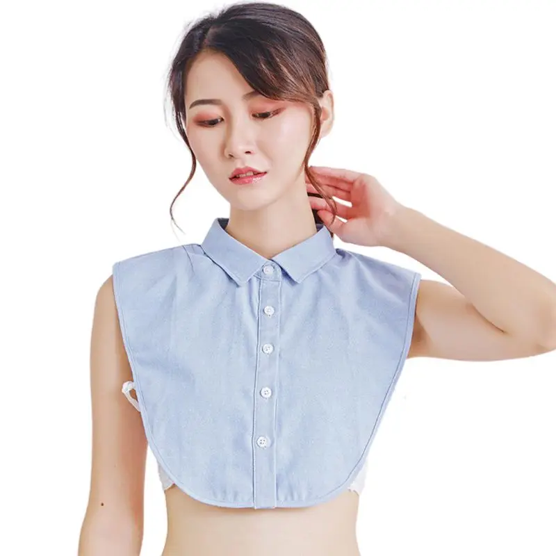 

Women Men Solid Blue Color Fake Collar Button Down Lapel Detachable Half-Shirt