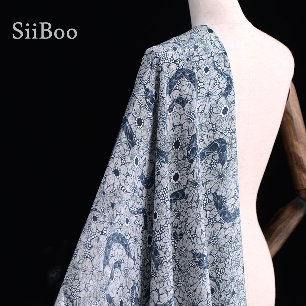 Винтажная синяя ткань с цветочным принтом из 100% шелка крепдешина для платья