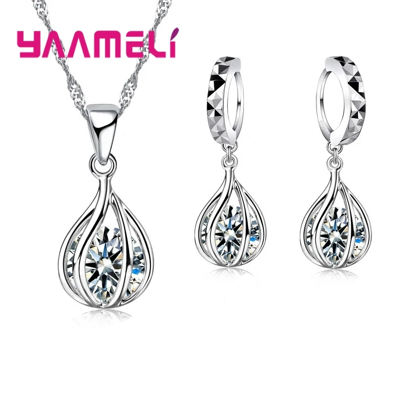 

925 Sterling Silver Jewelry For Women Cute Round Drop Shape Jewelry Set Pendant Necklace Hoop Earring Big Promotion Sale
