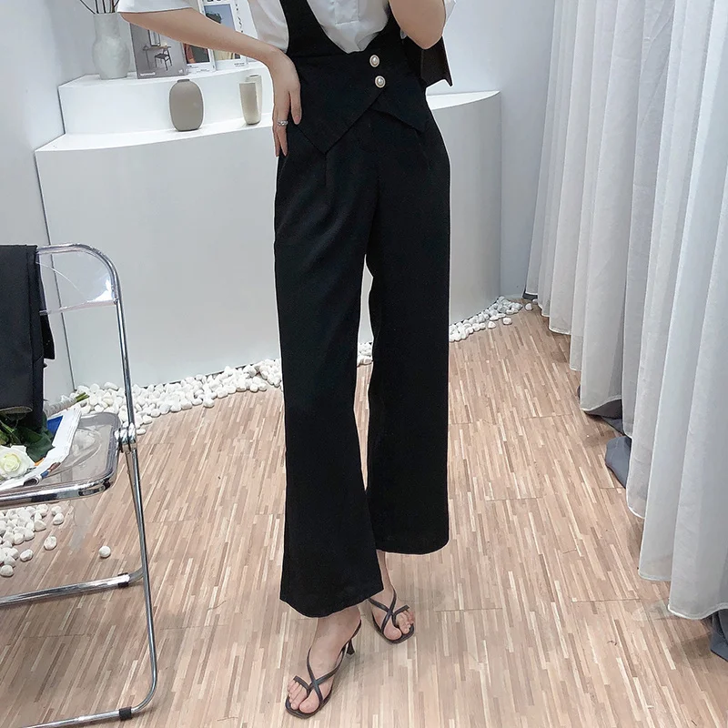 

Korejepo Women 2 Piece Set 2021 Summer Fashion Suit Short-sleeved Shirt Top High Waist Straight Wide Leg Trousers Two-piece Suit