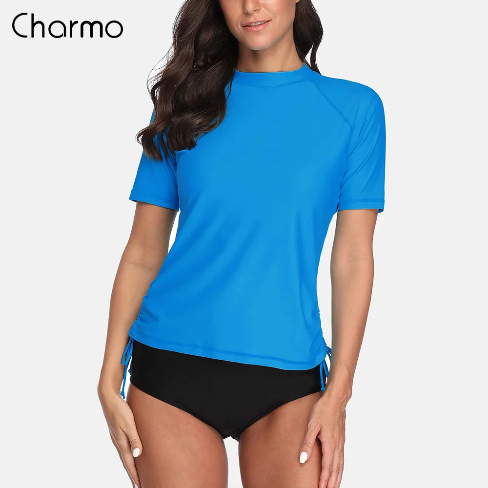 

Charmo Swimsuit Swimwear Rash Guard Women Short Sleeve Shirts Rashguard Top Side Bandaged Surf Top Diving Shirt UPF 50+