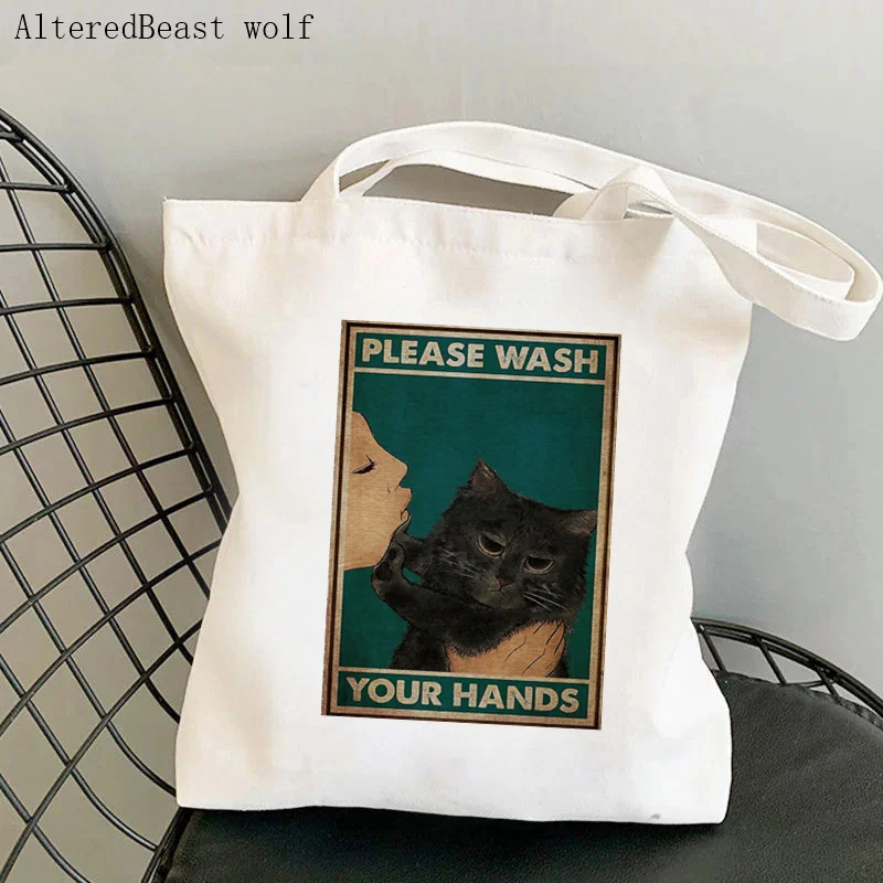 

Women Shopper bag Black Cats Meme Please Wash Your Hands Bag Harajuku Shopping Canvas Bag girl handbag Tote Shoulder Lady Bag